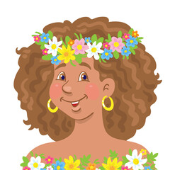 Portrait of a beautiful young African American girl in a floral wreath. In  cartoon style. Isolated on white background. Vector flat illustration