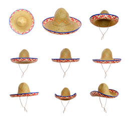 Straw Sombrero isolated on a white background, five views.