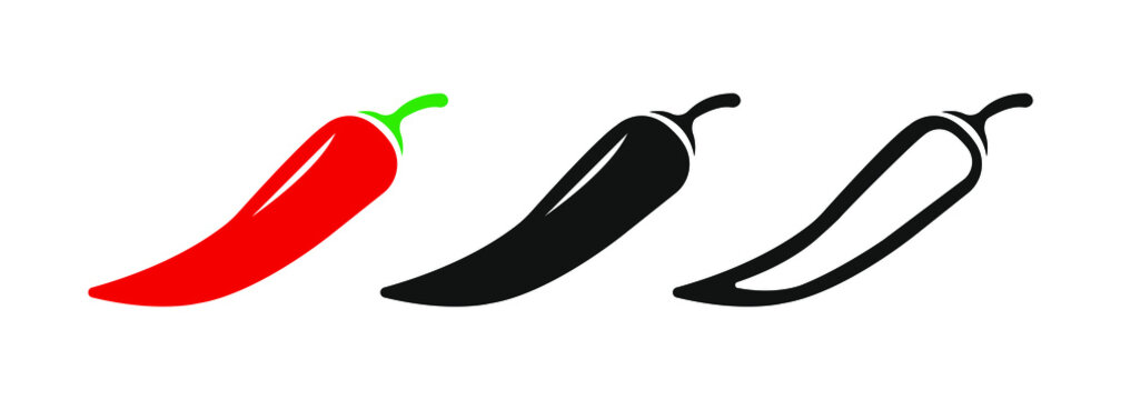 Spicy chili hot pepper icons. Asian and Mexican spicy food and sauce, red and black and outline chili peppers symbol.