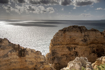 Atlantic coast cliffs and rocks on the beaches of the Algarve