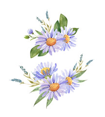 delicate bouquets with lilac flowers watercolor illustration on white background. hand painted for wedding invitations, decor and design