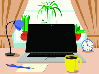 Vector graphics-home office-laptop, clock, desk lamp and a cup of coffee on the table against the background of a window with indoor plants and curtains. Concept - stay at home