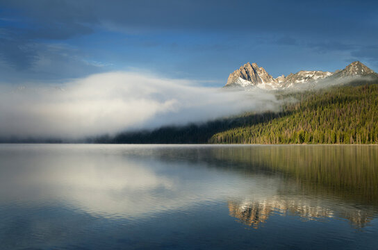 USA, Idaho. Mount Heyburn on a foggy morning at Redfish Lake, Sawtooth National Recreation Area.