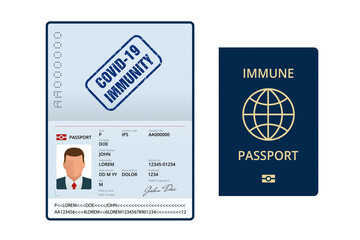 COVID-19 Immunity Passport, immunity certificate, vaccination certificate. International passport with sample personal data page.