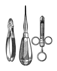 Hand drawing, line art, engraving, ink Dental Tools Illustration. Isolated in white background. For medical poster and brochure. Set of dental instrument. Medical equipment set vintage style