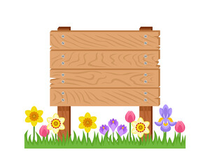 Vector wooden sign and spring flowers isolated on white. Rectangular cartoon banner, road direction, from old boards on the green grass. Flat simple illustration.