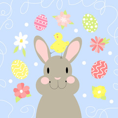Cute rabbit with a chicken on his head on a blue background. Vector festive easter illustration.