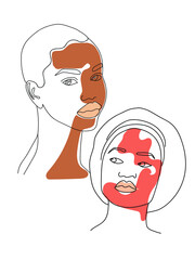 Portrait of a beautiful cute African American girl. Line drawing style. For printing on pillows, T-shirts, framed paintings, brochures, business cards in beauty salons. Vector illustration.