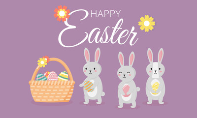 Easter poster with text and banner template. Three rabbits staying near the basket and holding coloured eggs. Greetings and presents for Easter Day. Promotion and shopping template for Easter.