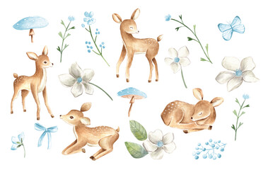 Baby deers watercolor forest woodland animal blue