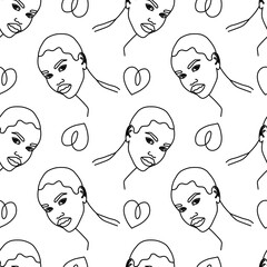 Modern female face silhouettes. Seamless pattern of hand drawn fashionable girls. Continuous line, minimalistic concept. 
