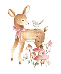 Baby Deer in the forest watercolor animal 