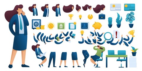 Constructor for creating a Businesswoman. Create your own Businesswoman character with a Set of hands and feet. Flat 2D vector illustration N1