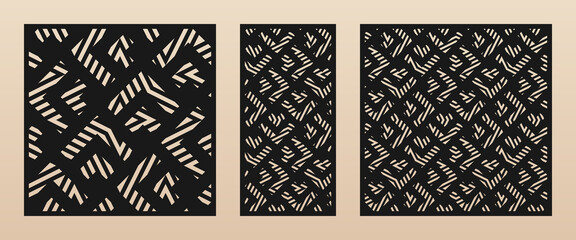 Laser cut patterns. Vector template with abstract geometric ornament, broken lines, chevron, grid, scale. Decorative stencil for laser cutting of wooden panel, metal, paper. Aspect ratio 1:2, 1:1