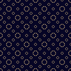 Abstract seamless pattern. Simple golden vector geometric texture with small floral shapes, circles. Modern minimal gold and black background. Luxury repeat design for decor, fabric, print, textile