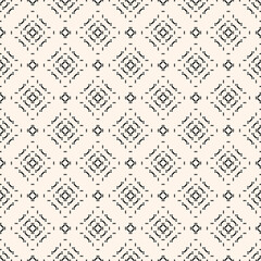 Vector geometric traditional folk ornament. Ethnic seamless pattern. Minimal ornamental background with small squares, diamonds, floral silhouettes. Black and white texture. Subtle minimalist design