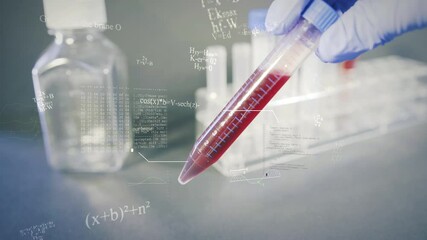 Digital formulas, equations, diagrams, evaluations next to blood sample shown by blue gloves. Laboratory analysis corona antibody test. - Powered by Adobe