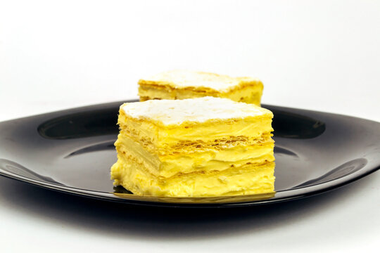 Traditional Balkan and Serbian cremeschnitte, krempita sweet dessert. Selective focus.