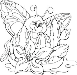 cartoon butterfly on white background, vector  isolated doodle hand drawn illustration for children coloring books, postcards, prints