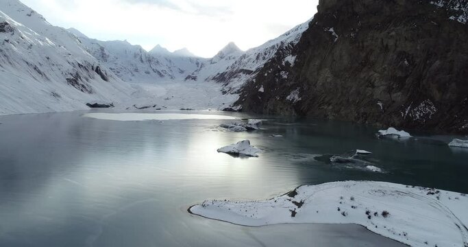 Drone flying over glacier lagoon in Tibet,China.Aerial footage 