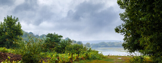 Summer landscape, panorama, with trees by the river in cloudy weather