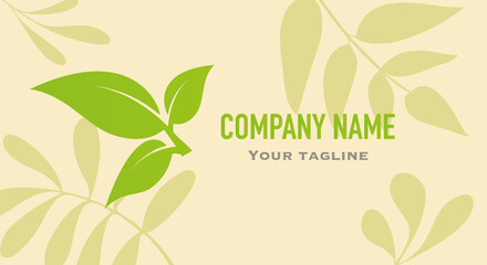 Beige business card with green leaves. Isolated design element for organic bio logo, natural and eco products, cosmetic, pharmacy, medicine, science. Vector leaves icon EPS10