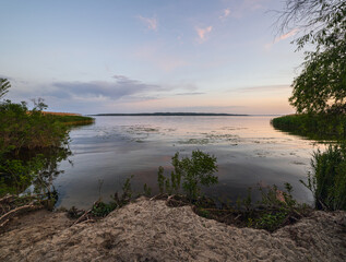 Dnipro river summer sunset twilight landscape, Ukraine