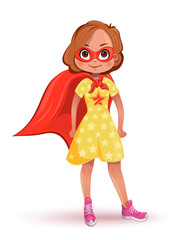 Little girl in superhero costume. Girl in a yellow dress with stars, a red mask and a red cloak. Vector illustration
