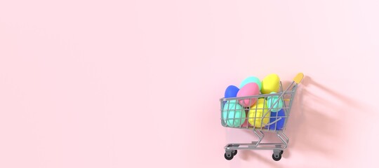Happy Easter background. Easter eggs colorful in the shopping cart on pastel pink background. Festive concept. Copy space for Text. 3d rendering