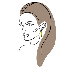 Continuous line art. Abstract portrait of beauty woman face with earring , fashion concept. Vector illustration for t-shirt print, wall paper, background . One line drawing