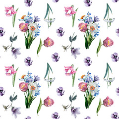 Seamless pattern of a bouquet of flowers daffodils, bells, snowdrops, tulips, forget-me-nots on stems with green leaves. Hand drawn watercolor painting on white background for wallpaper, background.