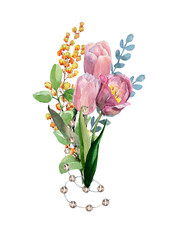 A bouquet of spring flowers of tulips, eucalyptus and mimosa branches, decorated with pearls. Hand drawn watercolor painting on white background for cards, wedding invitations, background, packaging.