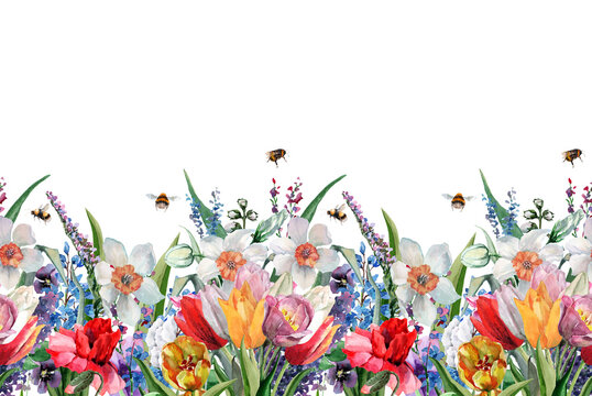 Coupon seamless pattern of wild flowers tulips, daffodil, poppy, cornflower with buds, leaves and flying bees. Hand-drawn watercolor painting on white background for textiles, fabrics, prints.