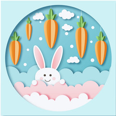 Cute rabbit in the clouds dreams of a carrot