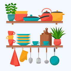 Kitchen shelves with cooking tools. Set of kitchen utensils, vector illustration