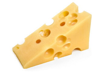 Emmental cheese triangle, Swiss cheese, isolated on white background. High resolution image