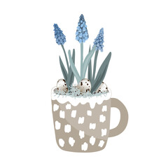 Cute mug with blue grape hyacinth, quail eggs, and moss. Hello spring card vector illustration, Easter card, decor in Scandinavian style. Flower pot with muscari isolated on white background