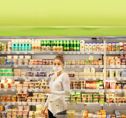 supermarket shopping, face mask and gloves,Woman choosing a dairy products at supermarket