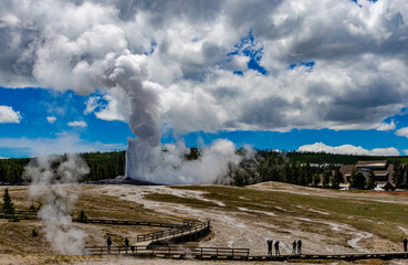 Geyser Old Faithful erupts in Yellowstone National Park in Wyoming, US