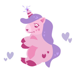 Cute little unicorn girl vector illustration. Beautiful pink pony cartoon character