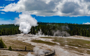 Geyser Old Faithful erupts in Yellowstone National Park in Wyoming, US