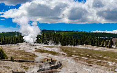 Geyser Old Faithful erupts in Yellowstone National Park in Wyoming, US