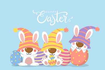 Happy Easter Day greeting card with eggs and bunny in gnomes costume. Cute rabbit in yellow hat. Animal holidays cartoon. -vector