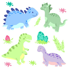 Cartoon cute dinosaurs set in vector . Colorful baby illustration with funny dino character