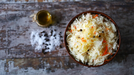 Selective focus. Sauerkraut in a bowl. Probiotics and fermented foods.