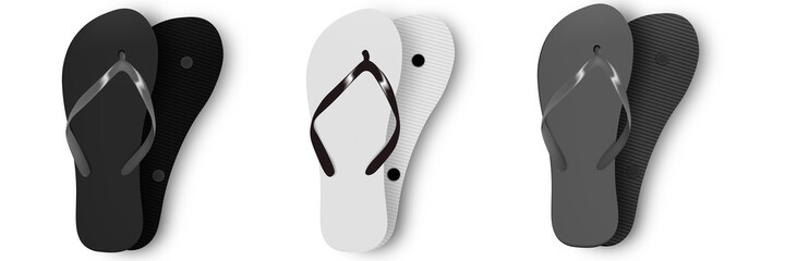 Slippers Colored flipflops. Vector Realistic 3d blank mockup Flip Flop set closeup Isolated on White Background.