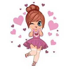 Little girl. Vector isolated illustration. Beautiful fashionable child. Surrounded by hearts. Flat cartoon style