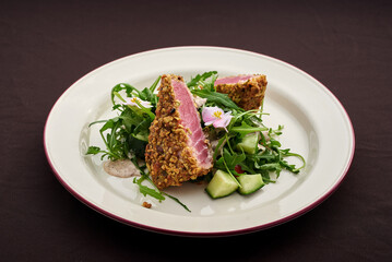 tuna steak pistachio breading with mix salad