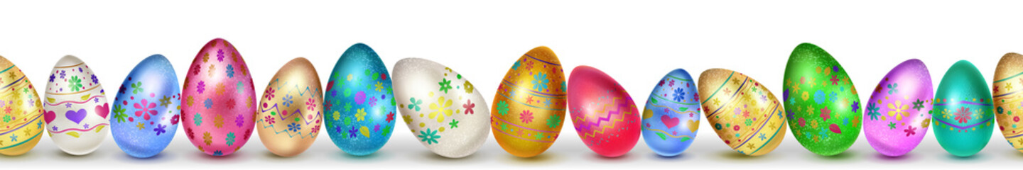 Banner made of realistic Easter eggs in various colors with holiday symbols, glares and shadows on white background with seamless horizontal repetition