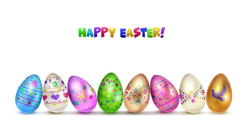 Illustration with several realistic Easter eggs in various colors with holiday symbols, glares and shadows on white background